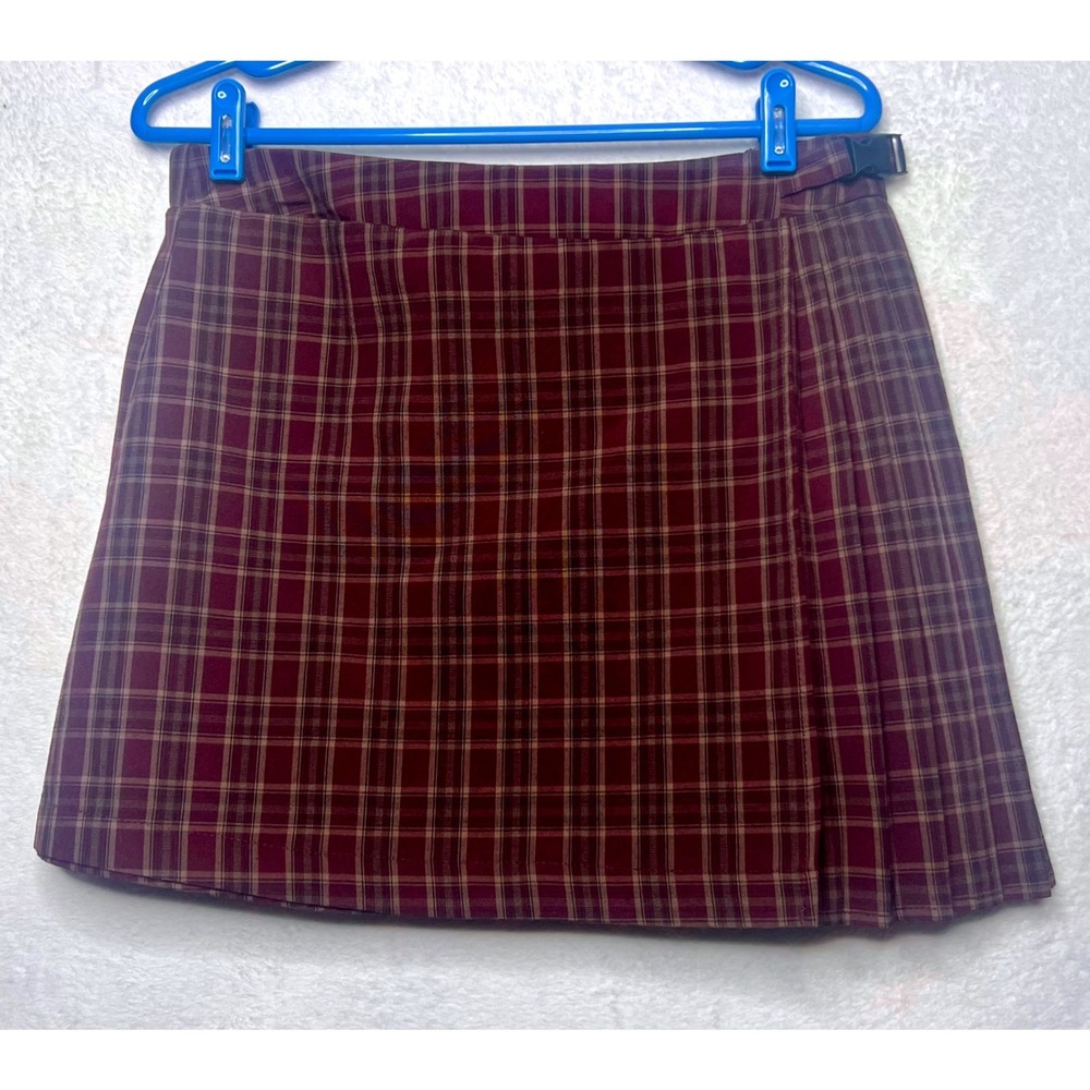 Wild Fable Burgundy Plaid Pleated Mini Skirt Buckle Wrap Front Size L